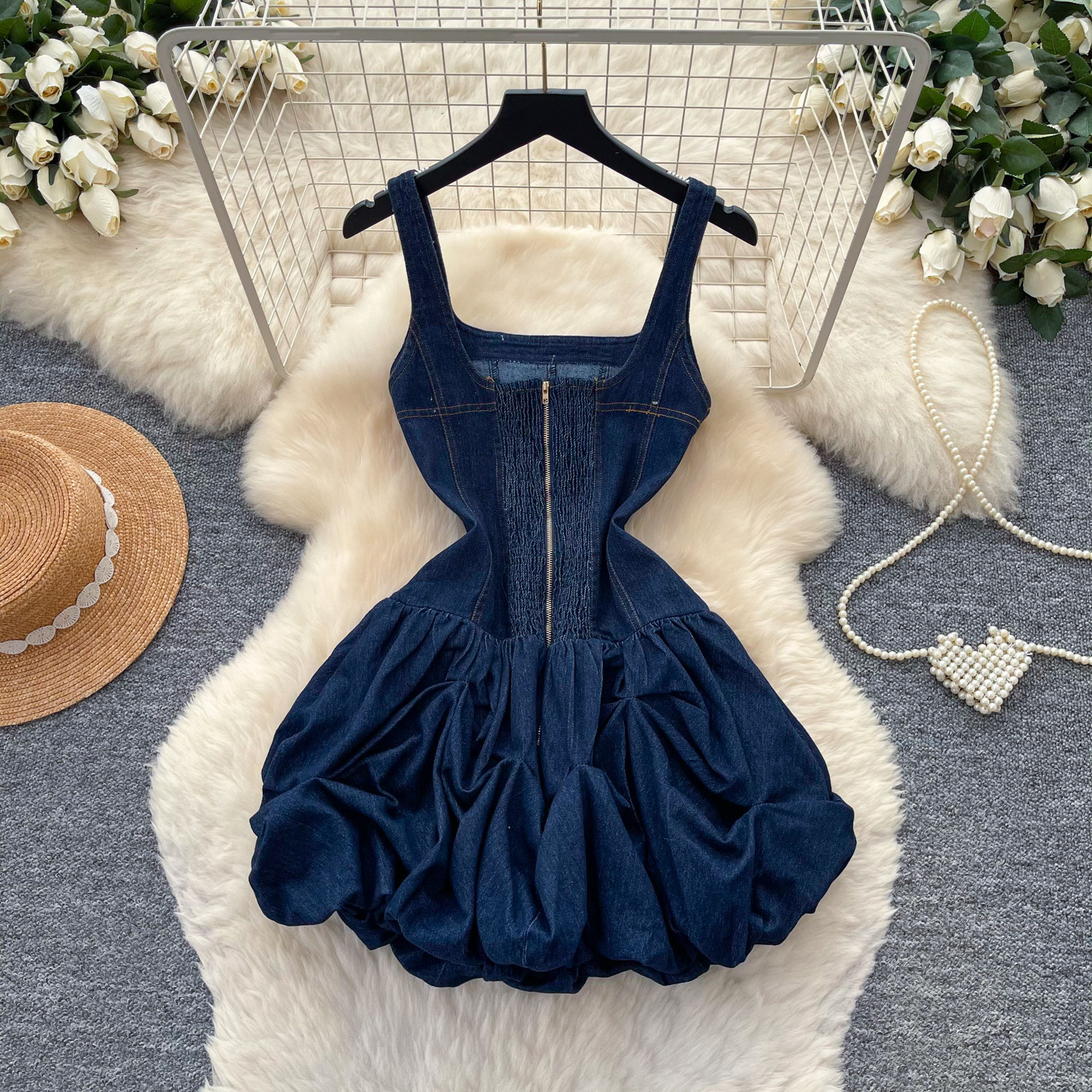Summer Womens Denim A Line Dress with Sleeveless Design and Waist Cinching Fit in Blue Available in Multiple Sizes Wholesale