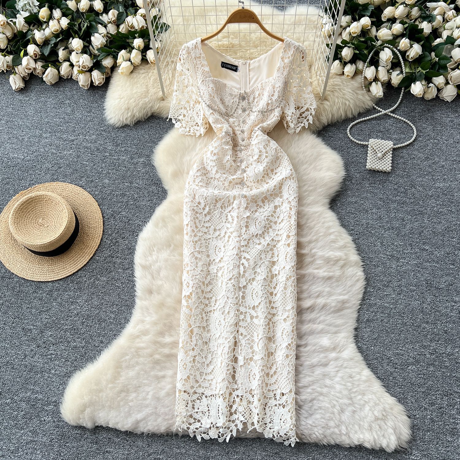 Elegant Womens Dress Summer French Style Short Sleeve Lace Bodycon with Square Neck