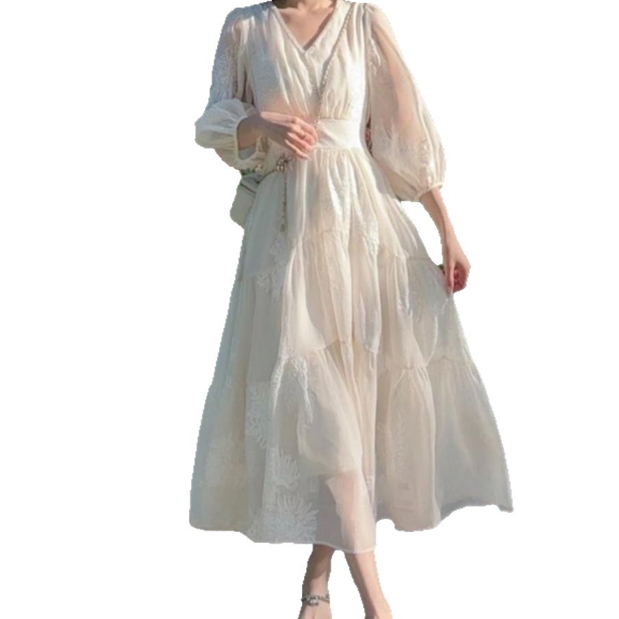 Summer Vintage French Style Embroidered Lantern Sleeve Dress Loose Fit Unique Design Bohemian Aesthetic Perfect for