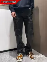 Louis Vuitton New 2025 Heavy-Distressed Embroidered Letter Jeans with Shadow Pattern, Vintage Unisex Louis Vuitton Jeans
