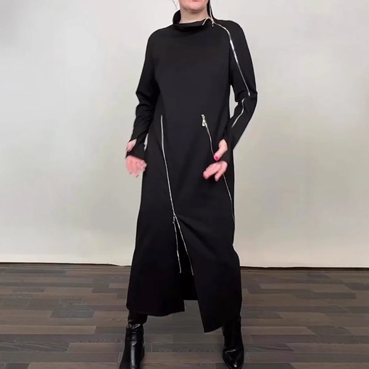 Winter Casual Solid Color High Neck Zip Long Sleeve Dress Stylish Comfortable Versatile Perfect for Everyday Wear