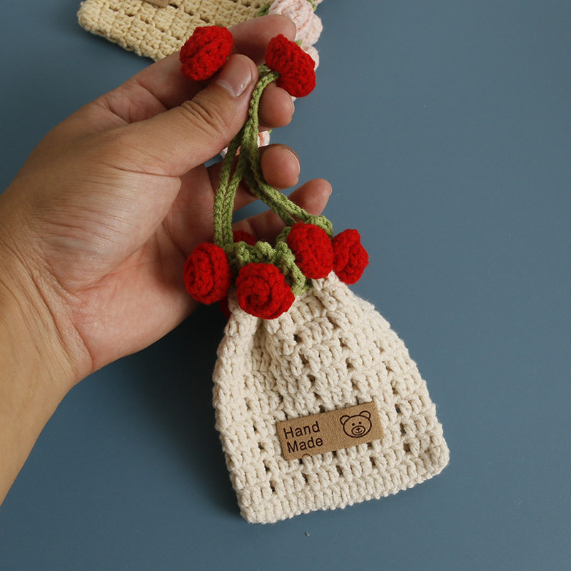 Sweet Cartoon Hand-Woven Rose Bouquet Pocket, Wool Crocheted Literary Coin Purse, Bank Card Storage Pocket