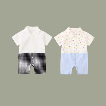 ins Baby Jumpsuit Summer Baby Clothes Boxer Climbing Clothes Plaid Thin Casual Lapel Short-sleeved Baby Clothes