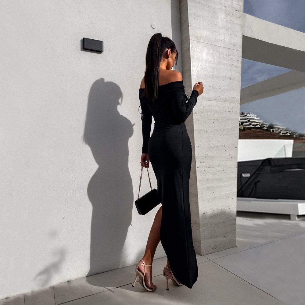 Off Shoulder Midi Dress Elegant Slim Fit Autumn Winter Fashionable Style Wholesale Available