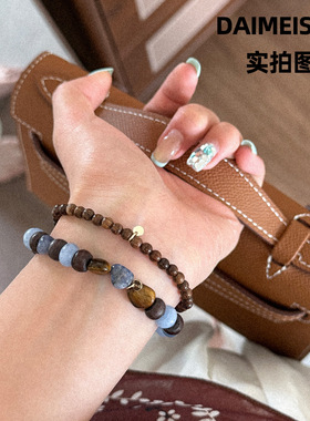 新中式叠戴复古百搭木质蓝泡泡青金石手链串珠珠子轻奢手串手饰女