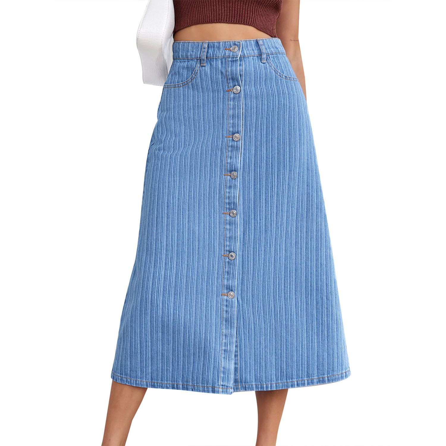 High Waisted Denim Skirt Flared A Line Casual Style Versatile Fit Perfect for Everyday Wear Wholesale Available