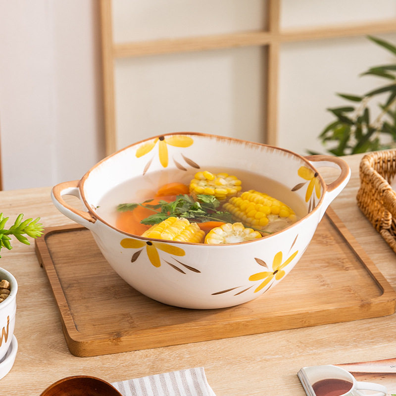 Chaozhou Factory Household Simple Style Ceramic Soup Bowl Japanese Style Yellow Flower Painted Tableware Binaural Bowl Salah Bowl