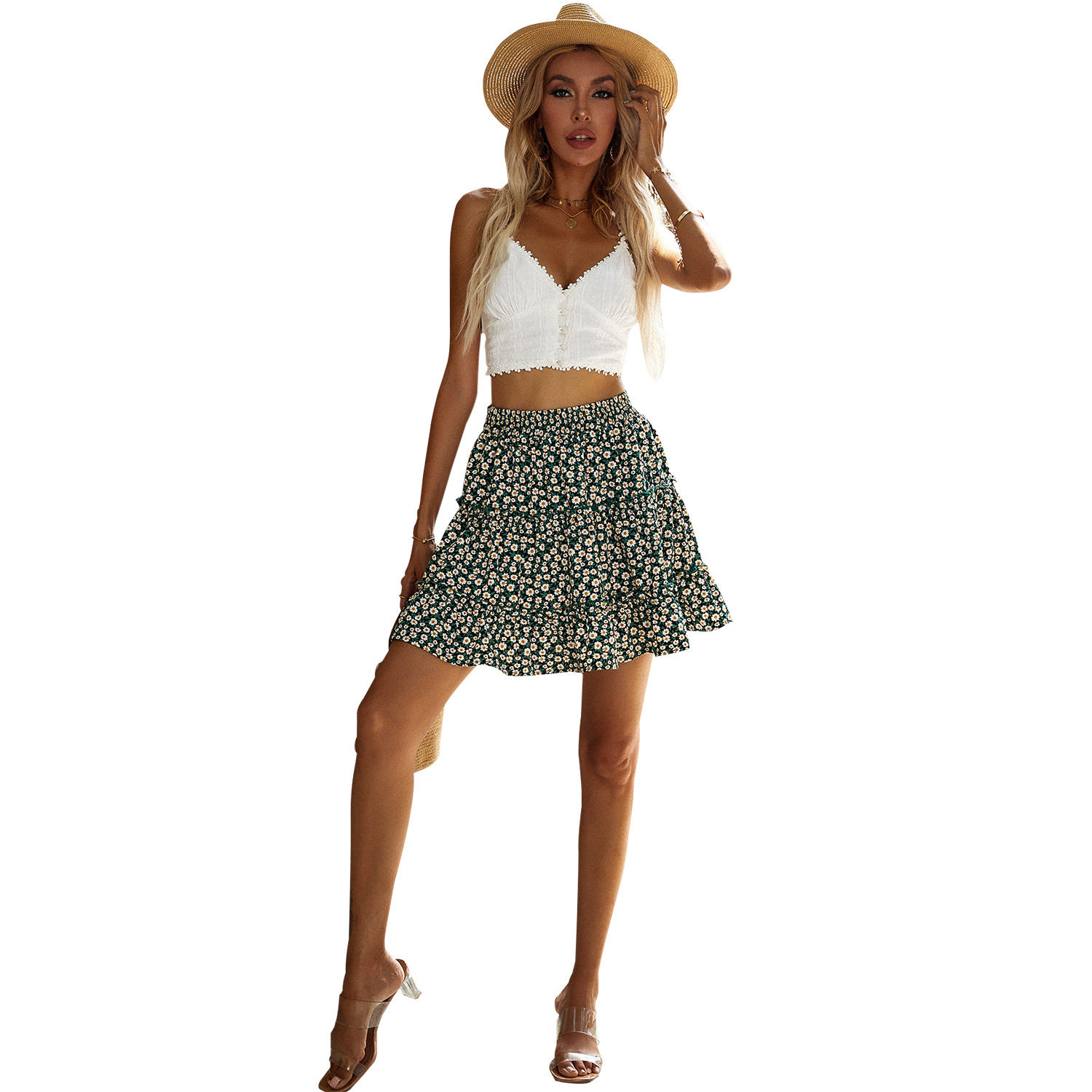 Floral Midi Skirt Casual Daisy Print Comfortable Fit Versatile Style Perfect for Spring and Summer Wholesale