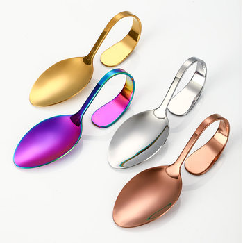 Source manufacturers stainless steel bent handle spoon self-service seafood sushi vertical creative bent handle shaped color split dish spoon Fork