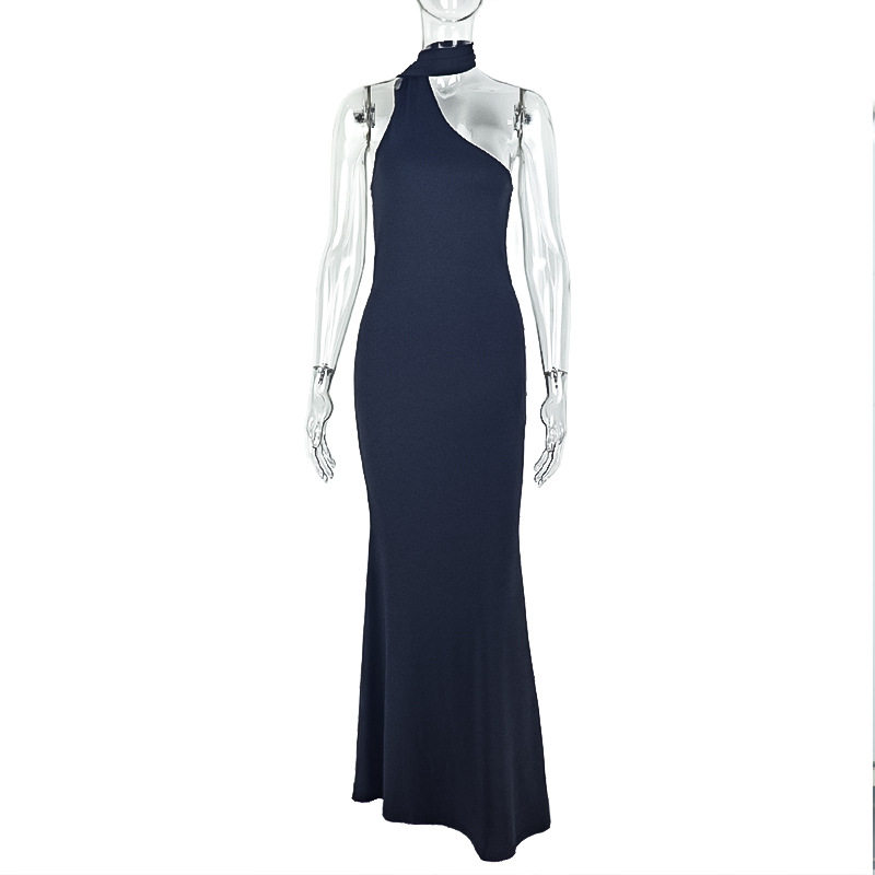 Elegant Solid Color Long Asymmetrical Bodycon Dress with Ruffles Backless Slim Fit Perfect for Evening Parties