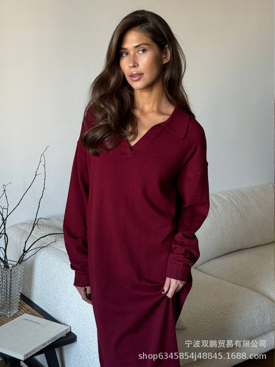 Long Sweater Dress Soft Fabric Scissor Collar Loose Fit Elegant Style Autumn Winter Fashion Wholesale Available