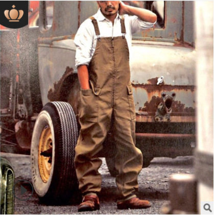 Q017欧美2021外贸跨境男装 新款四季纯色宽松直筒工装休闲背带裤