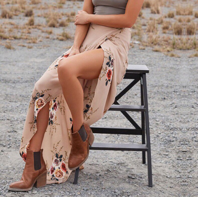 Floral Chiffon Midi Skirt Irregular Hem Tie Detail High Slit Summer Fashion for Women Wholesale Available