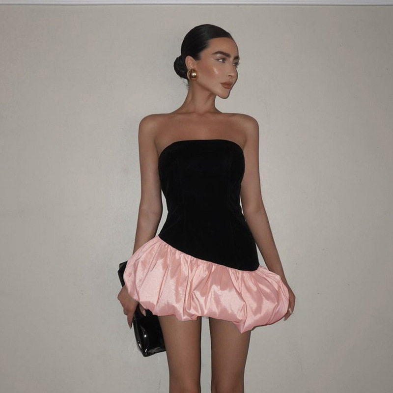 Chic Womens Strapless Color Block A Line Dress Sexy Backless Design Flattering Fit Perfect for Autumn and Winter