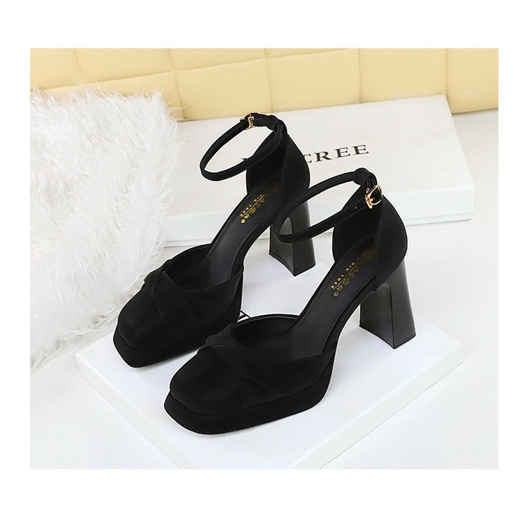 Sandal nữ quai ngang cao gót siêu cao đế xuồng mũi vuông thắt nơ — Màu đen, Màu mơ, Màu trắng
