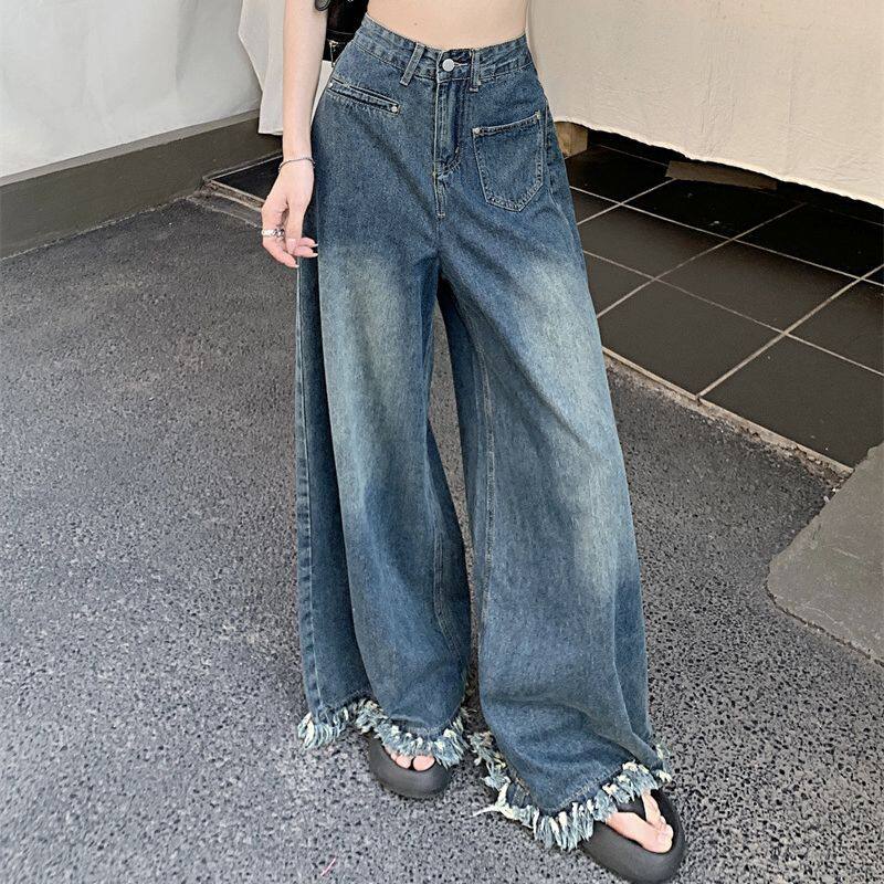 High Waisted Vintage Wide Leg Jeans for Women Loose Fit Frayed Hem Floor Length Autumn Fashion Wholesale Available