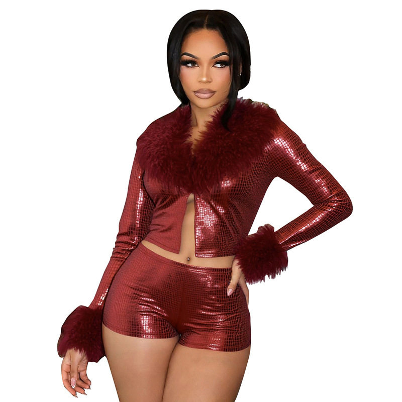 D25St506 European and American Women's Winter New Python Pattern Bronzing Fur Long-Sleeved Top Tight Shorts Two-Piece Suit
