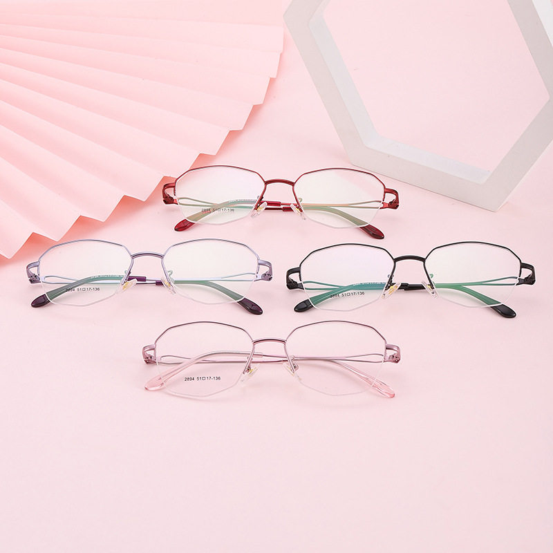 Women's Metal Half-Frame Polygonal Eyeglass Frames, Versatile Plain Style, Wholesale Danyang Eyeglasses for Nearsightedness