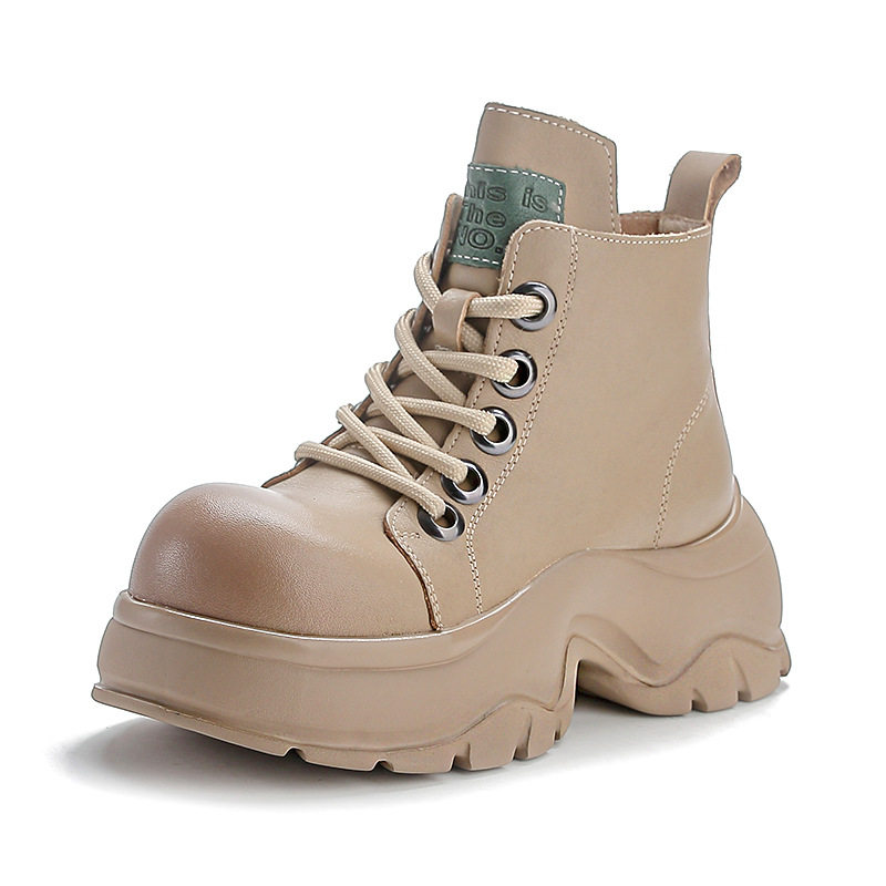 Boot Nữ Da Bò Cổ Ngắn Đế Bánh Mì Chiều Cao Đế Khoảng 5cm Màu Đen, Kem