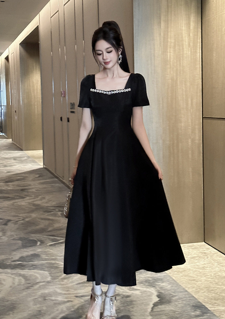 Đầm maxi nữ cổ vuông tay ngắn dáng chữ A cao eo — [Màu đen] chi tiết 8