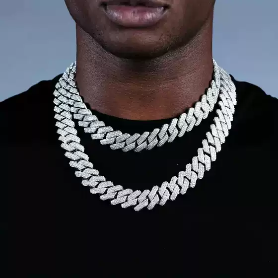 European and American Cross-Border 14mm Wide Full Diamond Rhombus Cuban Chain Necklace Men's Three-Row Diamond Hip-Hop Rock Accessories