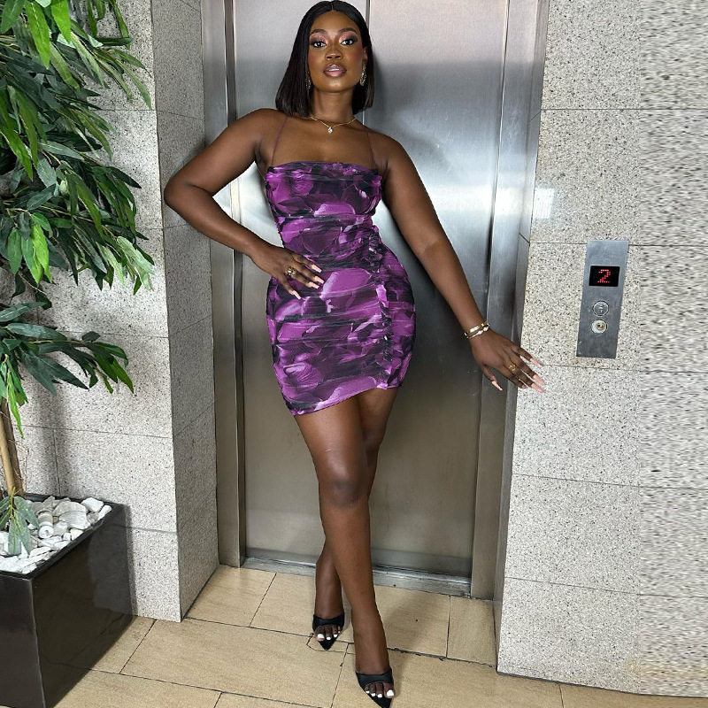Fashionable Womens Bodycon Color Block Ruched Dress Floral Print Off Shoulder Sleeveless Ideal for Parties and