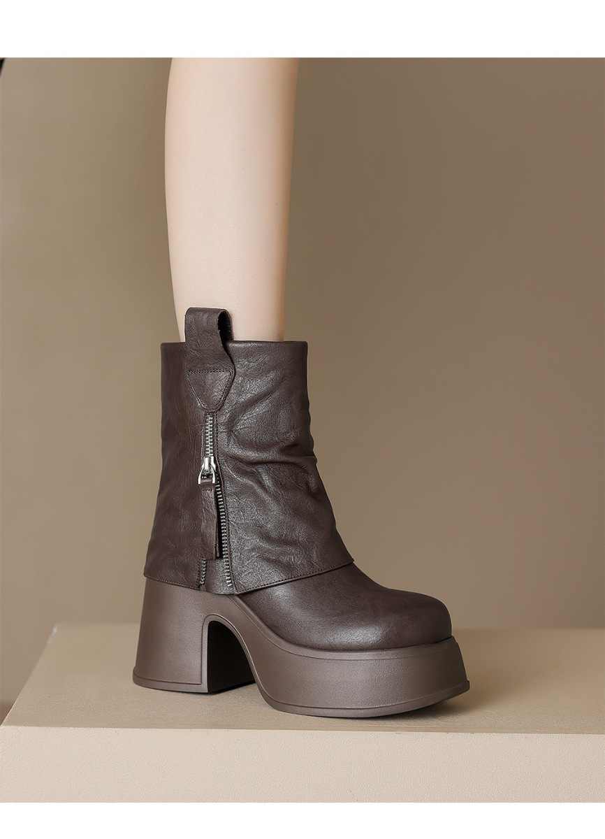 Boot nữ cổ ngắn gót thô tăng chiều cao 10cm, da bò thật, đế dày — Lớp lót đơn màu đen, Lớp lót đơn màu nâu, Lót nhung đen, Lót nhung màu nâu