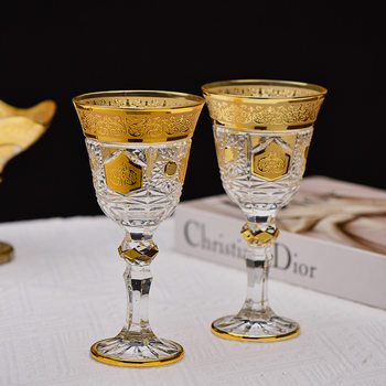 Wholesale Diamond Goblet European Style Transparent Glass Wine Glass Juice Cold Drink Ice Cream Cup Retro Embossed Red Wine Glass