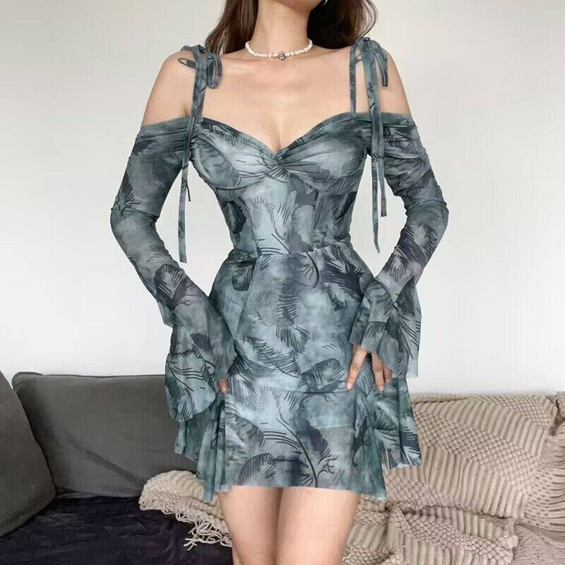 Summer Floral Print Off Shoulder Dress Slim Fit Bell Sleeves Adjustable Straps Casual Wear for Women Wholesale