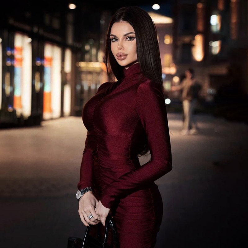 Vintage Red High Neck Long Sleeve Bodycon Maxi Dress for Women Elegant Fit Autumn Winter Style Wholesale Available