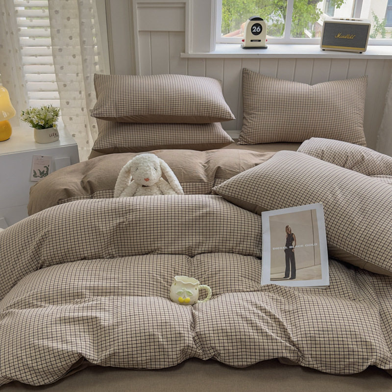 Class a 100 Cotton Yarn-Dyed Washed Cotton Combed Cotton Four-Piece Set of Bed Sheetss, Quilt Covers, Fitted Bed Sheetss, Dormitory Three-Piece Bedding Set