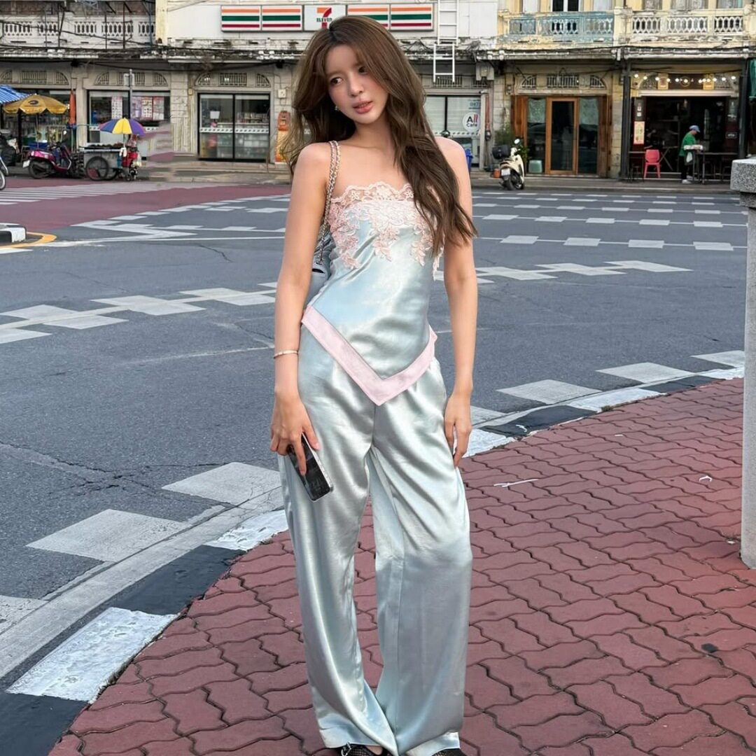 High Waisted Satin Straight Leg Pants Fashionable Casual Solid Color Summer Street Style for Women Wholesale