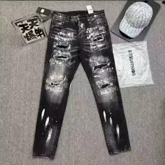 Men's Four-Button European Style Distressed Patched Slim Fit Ripped Denim Jeans with Ink Splatter Streetwear