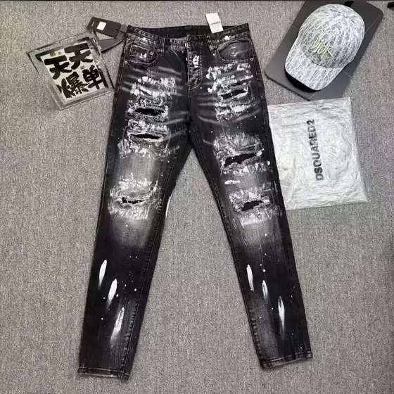 Men's Four-Button European Style Distressed Patched Slim Fit Ripped Denim Jeans with Ink Splatter Streetwear