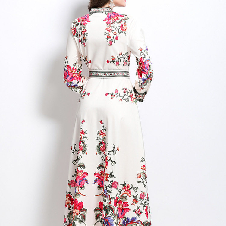 Vintage Inspired Floral Print Dress Round Neck Lantern Sleeves Single Breasted Waist Defined Elegant Evening Gown