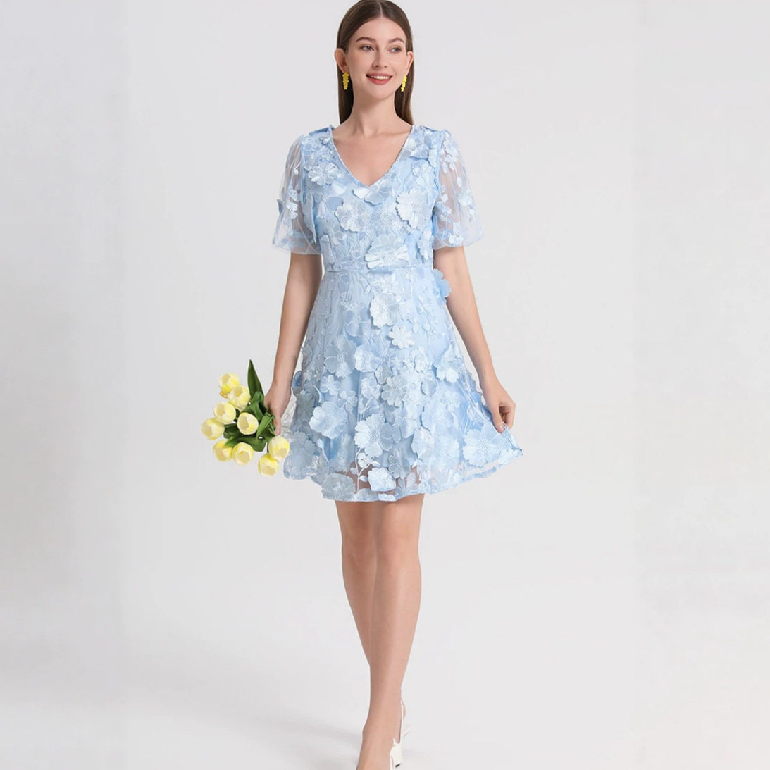 Summer V Neck Puff Sleeve Dress Handcrafted 3D Embroidery Solid Color Elegant A Line Silhouette Perfect for Parties