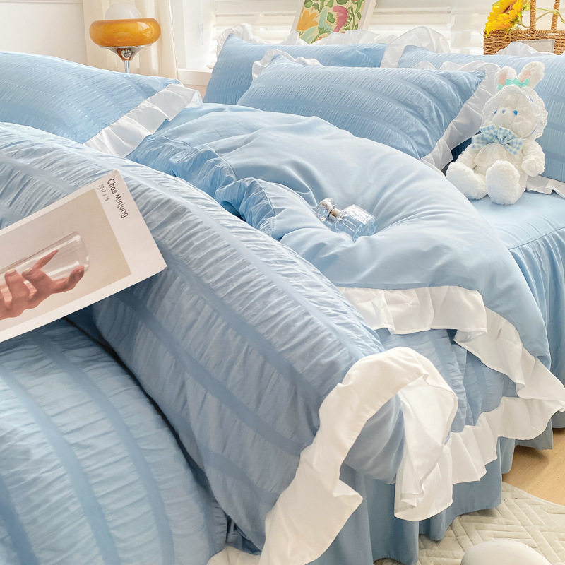 Spring and Summer Korean Princess Style Four-piece Set White Seersucker Lace Bed Sheet Quilt Cover Washed Cotton Bed Skirt Solid Color Three-piece Set