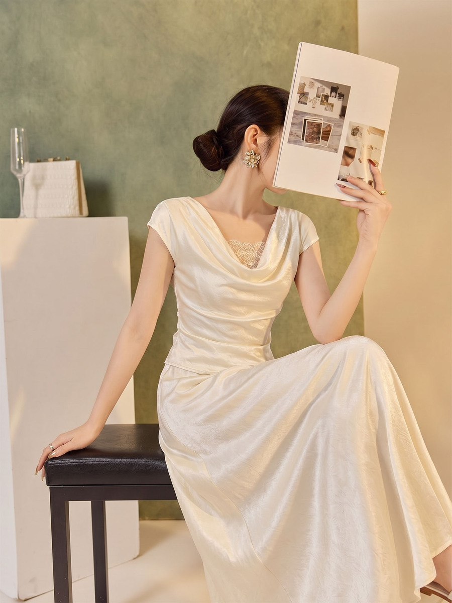 Bộ đầm nữ hai món áo ren cổ trễ phối chân váy đuôi cá dáng dài — Áo, Chân váy, Bộ