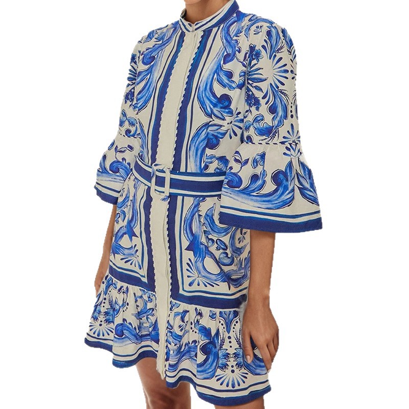 Elegant Floral Print A Line Dress Waist Defining Bell Sleeves Spring Fashion Perfect for Parties and Events