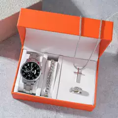 4-Piece Men's Summer Silver Watch, Bracelet, Necklace & Ring Gift Set