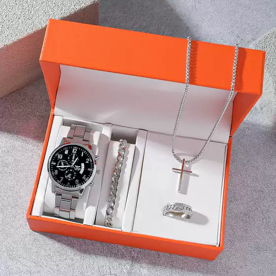 4-Piece Men's Summer Silver Watch, Bracelet, Necklace & Ring Gift Set