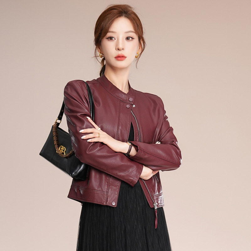 Кожаная куртка Haining leather, женская короткая модная куртка в корейском стиле из овечьей кожи с круглым вырезом, высококачественная повседневная кожаная куртка, маленькая куртка Изображение 1