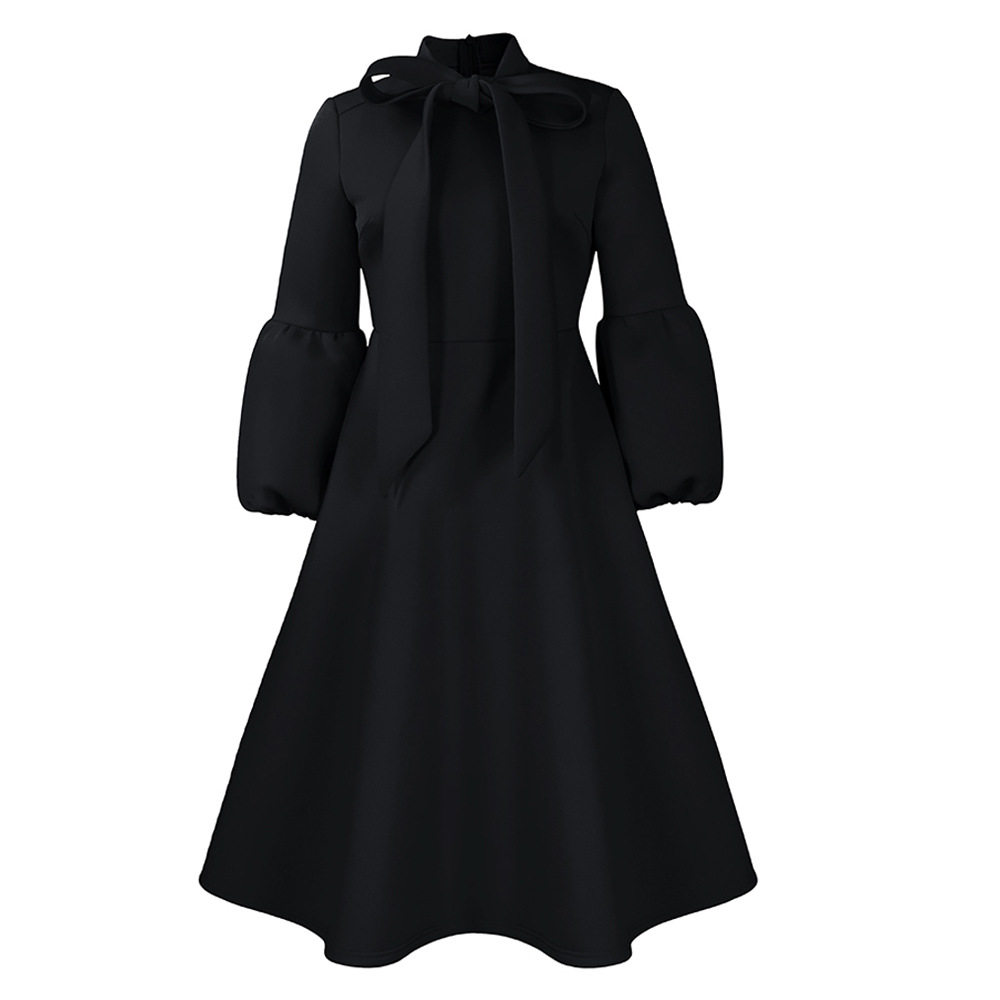 Fashionable High Waisted Lantern Sleeve Dress Plus Size Bow Tie Flared Skirt Spring Summer Occasion Wholesale
