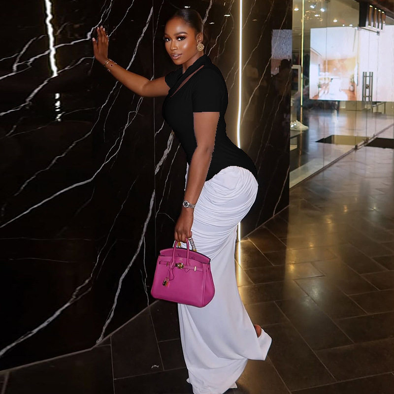 Black and White Color Block Bodycon Dress Hollow Out Design Short Sleeve Versatile Style Perfect for Street Fashion