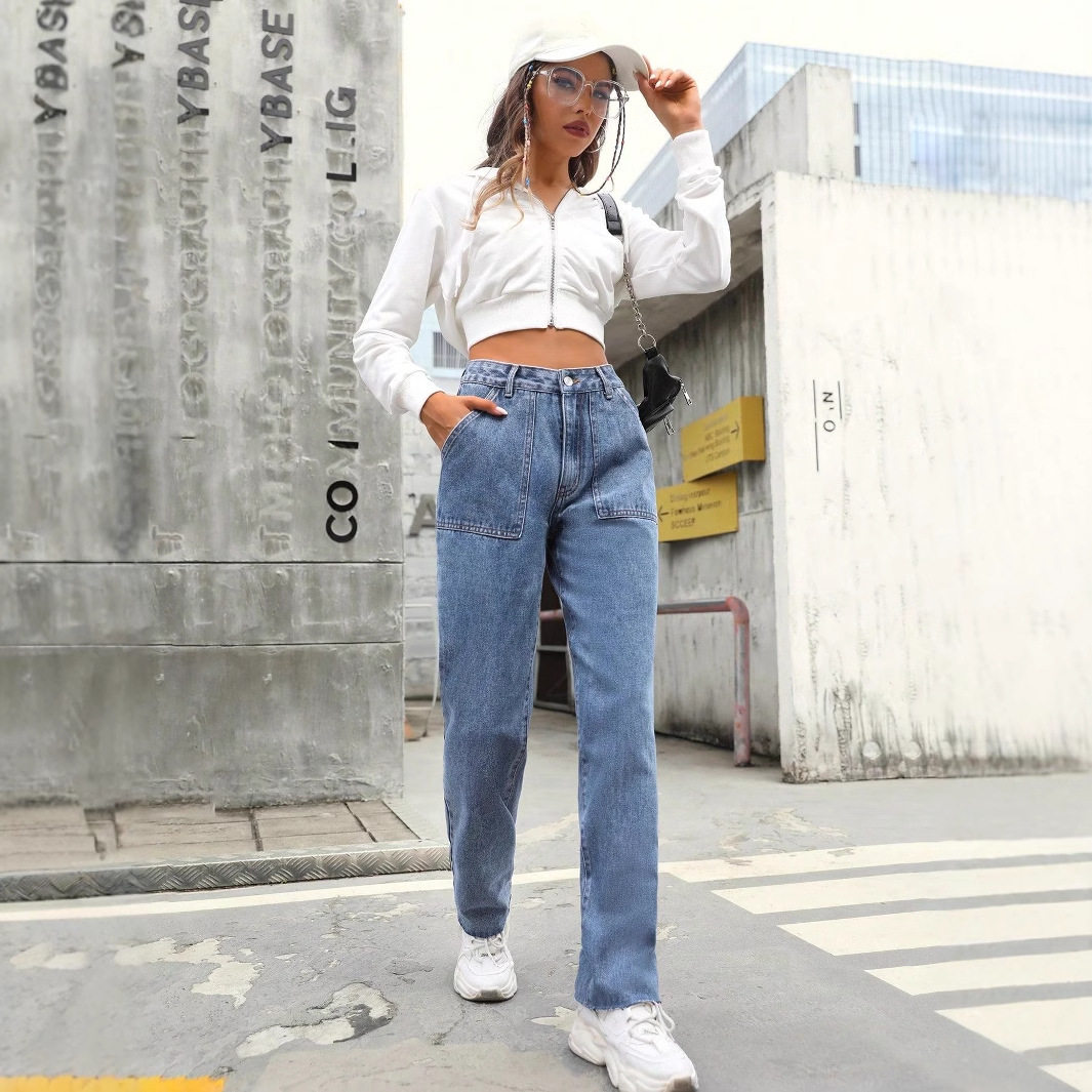 High Waisted Wide Leg Jeans Slim Fit Large Pockets Denim Fabric Casual Wear for Women Wholesale Available