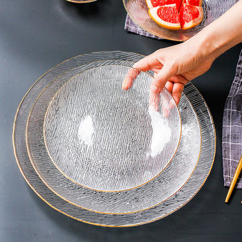 Japanese-style Cross-grain Glass Plate Internet-famous Household Transparent Tableware Fruit Plate Western-style Salad Bowl Dinner Plate Exquisite Dish