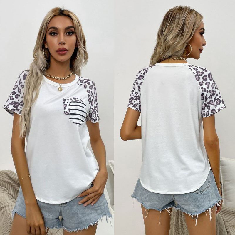 Casual Womens T Shirt Round Neck Short Sleeve Color Block Leopard Print Summer Wear Wholesale Available