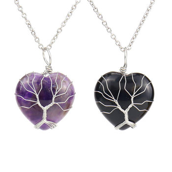 Amazon Hot New silver Handmade Wound Heart Natural Stone Heart Powder Crystal Tree of Life Necklace N520