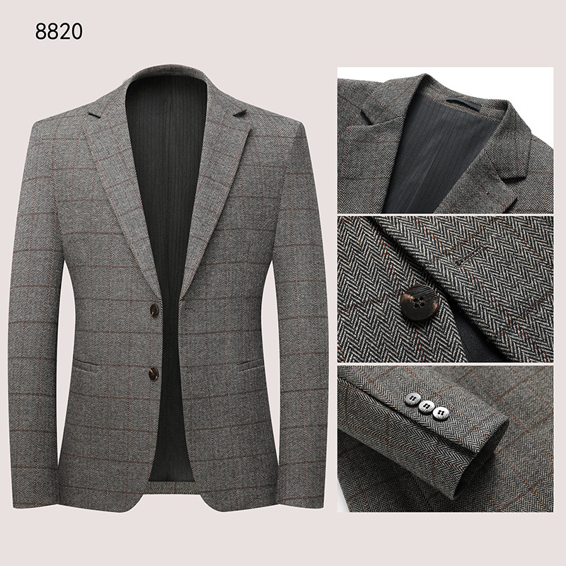 Áo blazer nam dày dặn phong cách công sở phối kẻ sọc — lưới cà phê