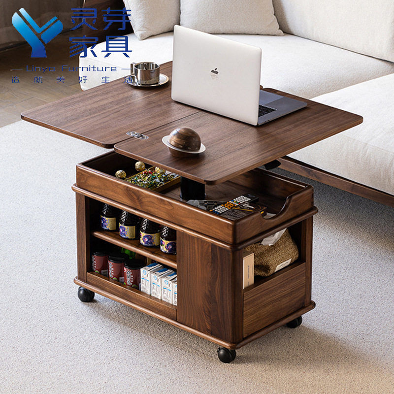 Solid Wood Trolley, Movable Side Table, Sofa Side Cabinet, Lift, Storage, Multi-Functional Wheeled Coffee Table, Tea Table